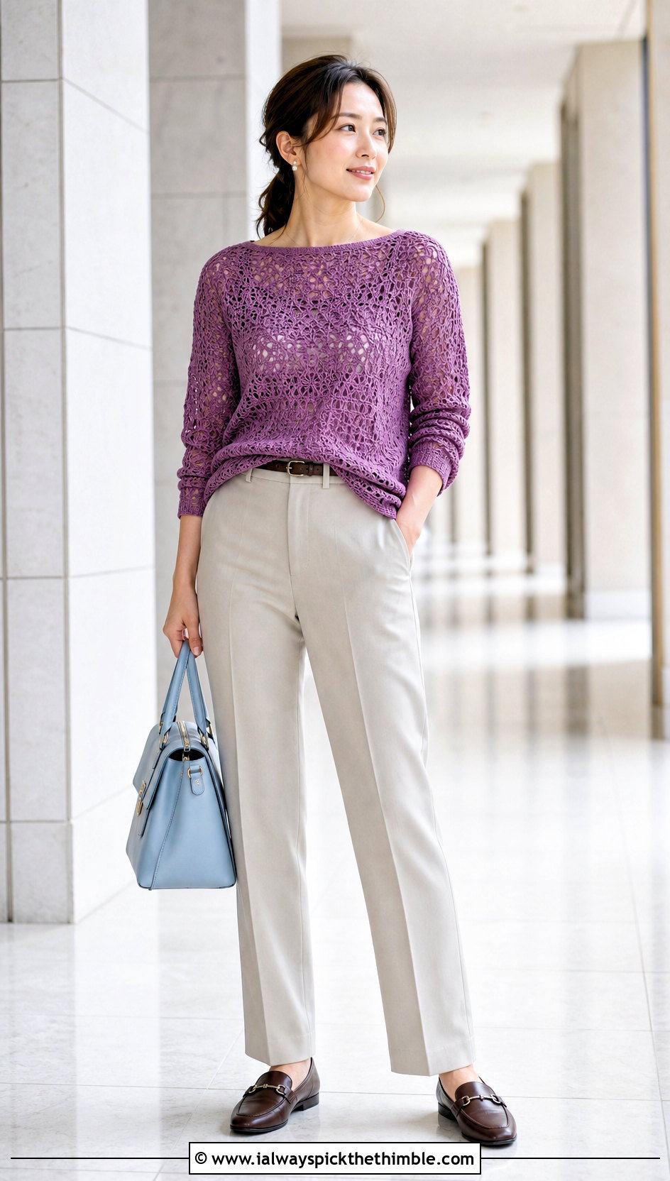 Boat Neck Crochet Lace Top With Straight Leg Trousers - 25 crochet lace top outfit ideas