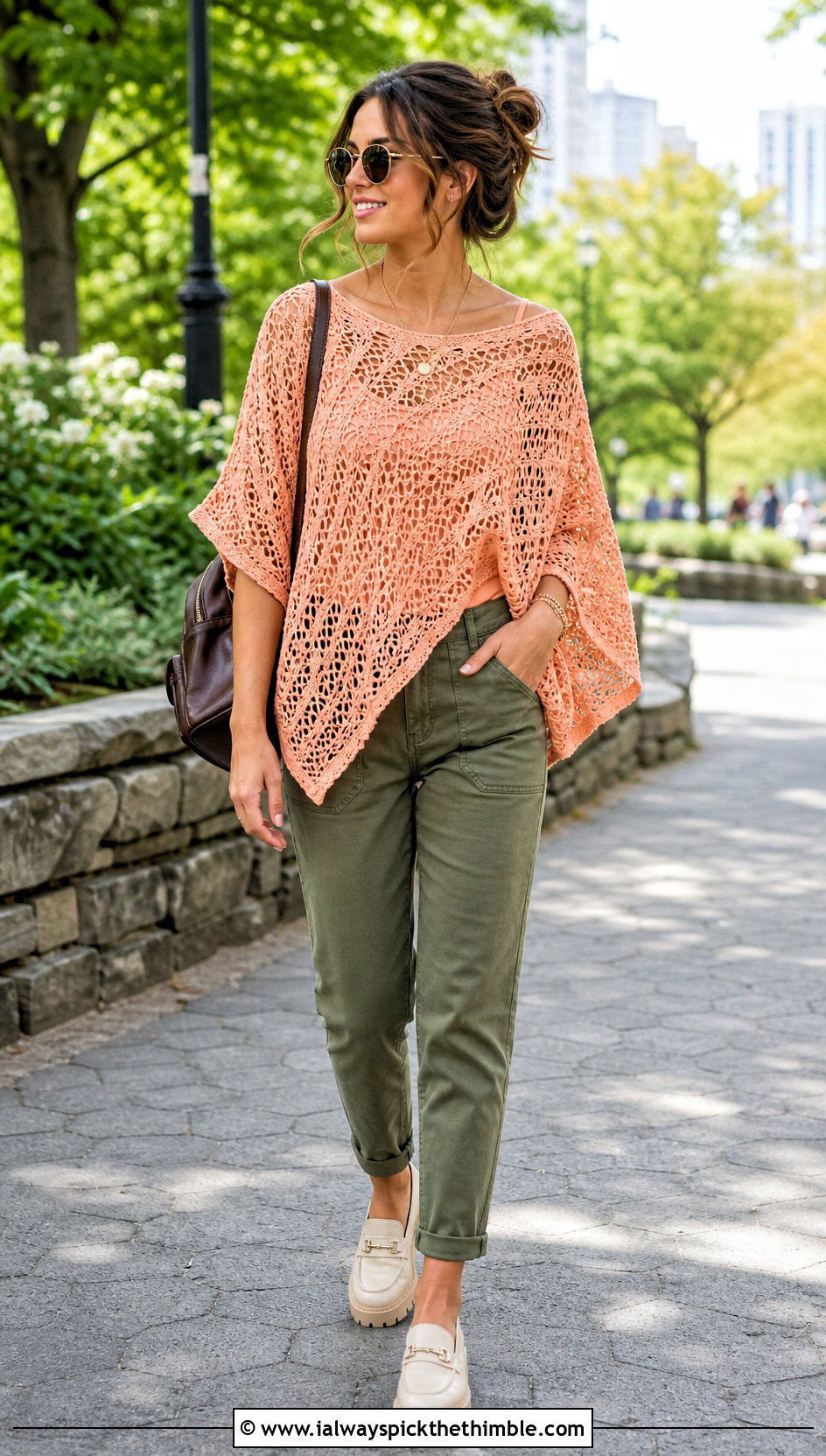 Boat Neck Crochet Lightweight Poncho With Utility Pants - 20 crochet lightweight poncho outfit ideas