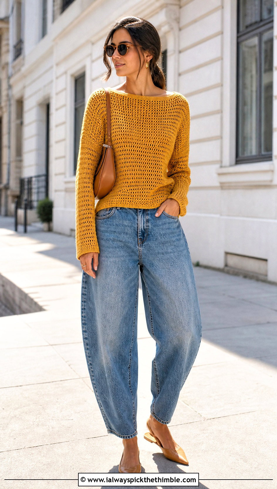 Boat Neck Crochet Long Sleeve Top With Barrel Jeans - 25 crochet long sleeve top outfit ideas