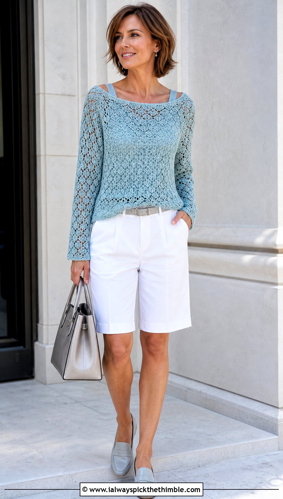Boat Neck Crochet Long Sleeve Top With Bermuda Shorts - 20 Easy Crochet Long Sleeve Top outfit ideas