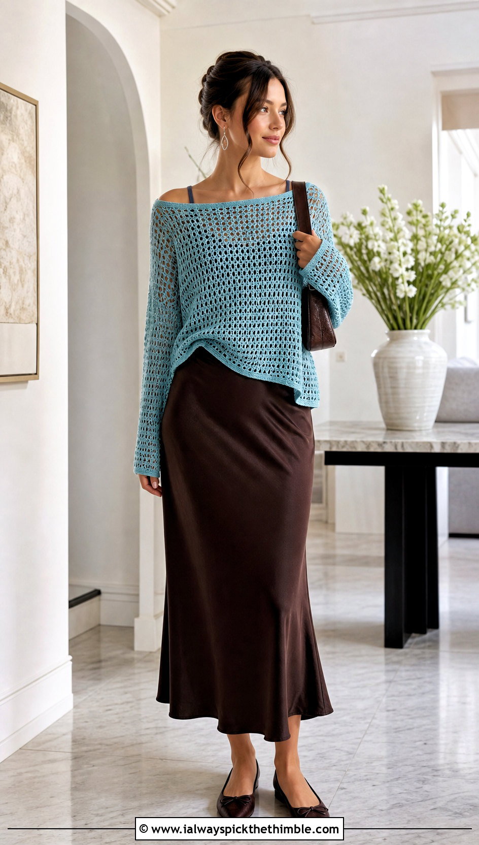 Boat Neck Crochet Loose Sweater With Slip Skirt - 25 crochet loose sweater outfit ideas