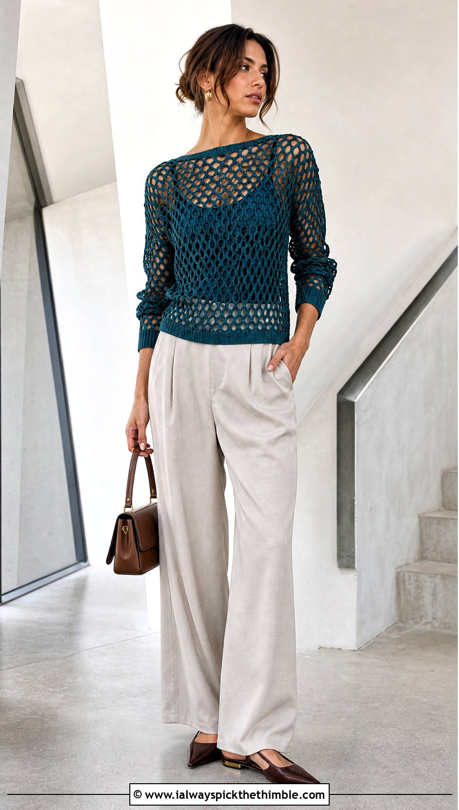 Boat Neck Crochet Mesh Pullover With Wide Leg Trousers - 20 Crochet Mesh Pullover outfit ideas