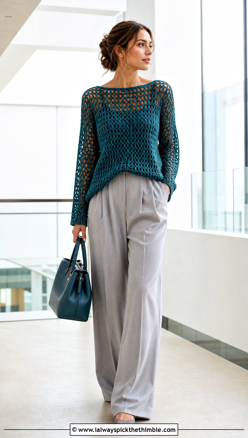 Boat Neck Crochet Mesh Sweater With Wide Leg Trousers - 25 crochet mesh sweater outfit ideas