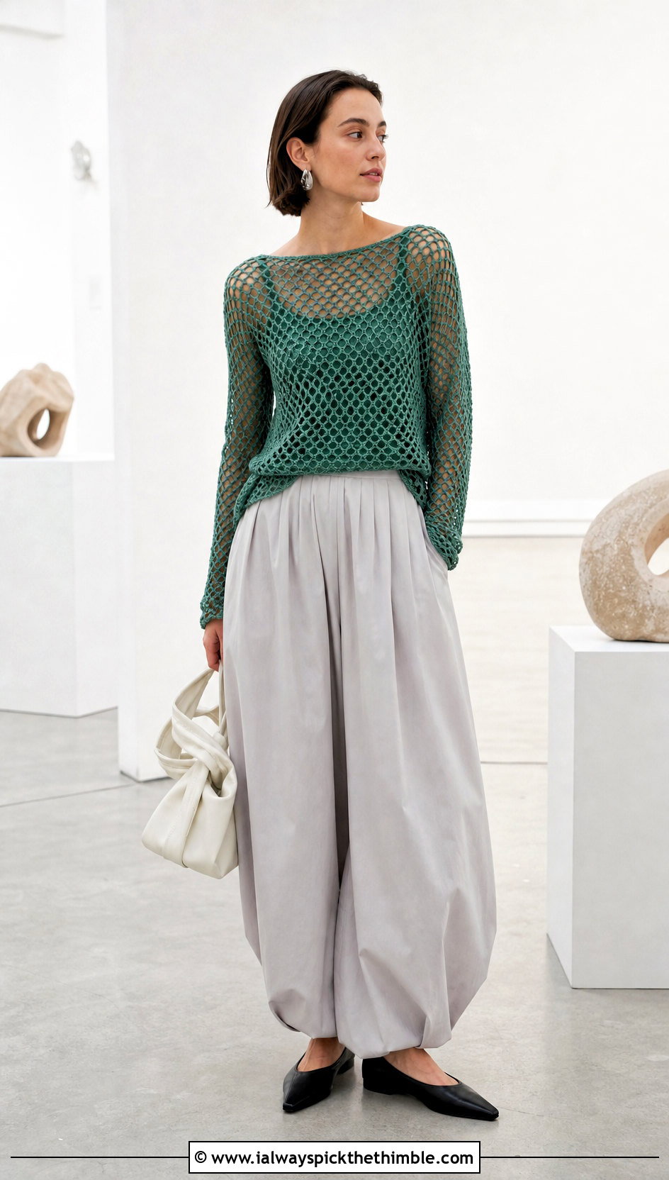 Boat Neck Crochet Mesh Top With Balloon Trousers - 25 crochet mesh top outfit ideas