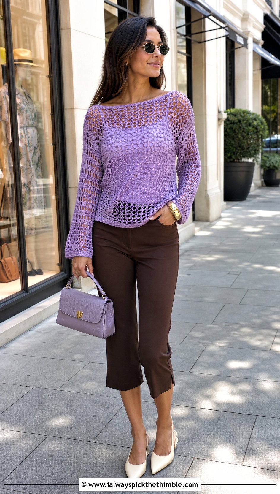 Boat Neck Crochet Mesh Top With Capri Pants - 15 Crochet Mesh Summer Top outfit ideas