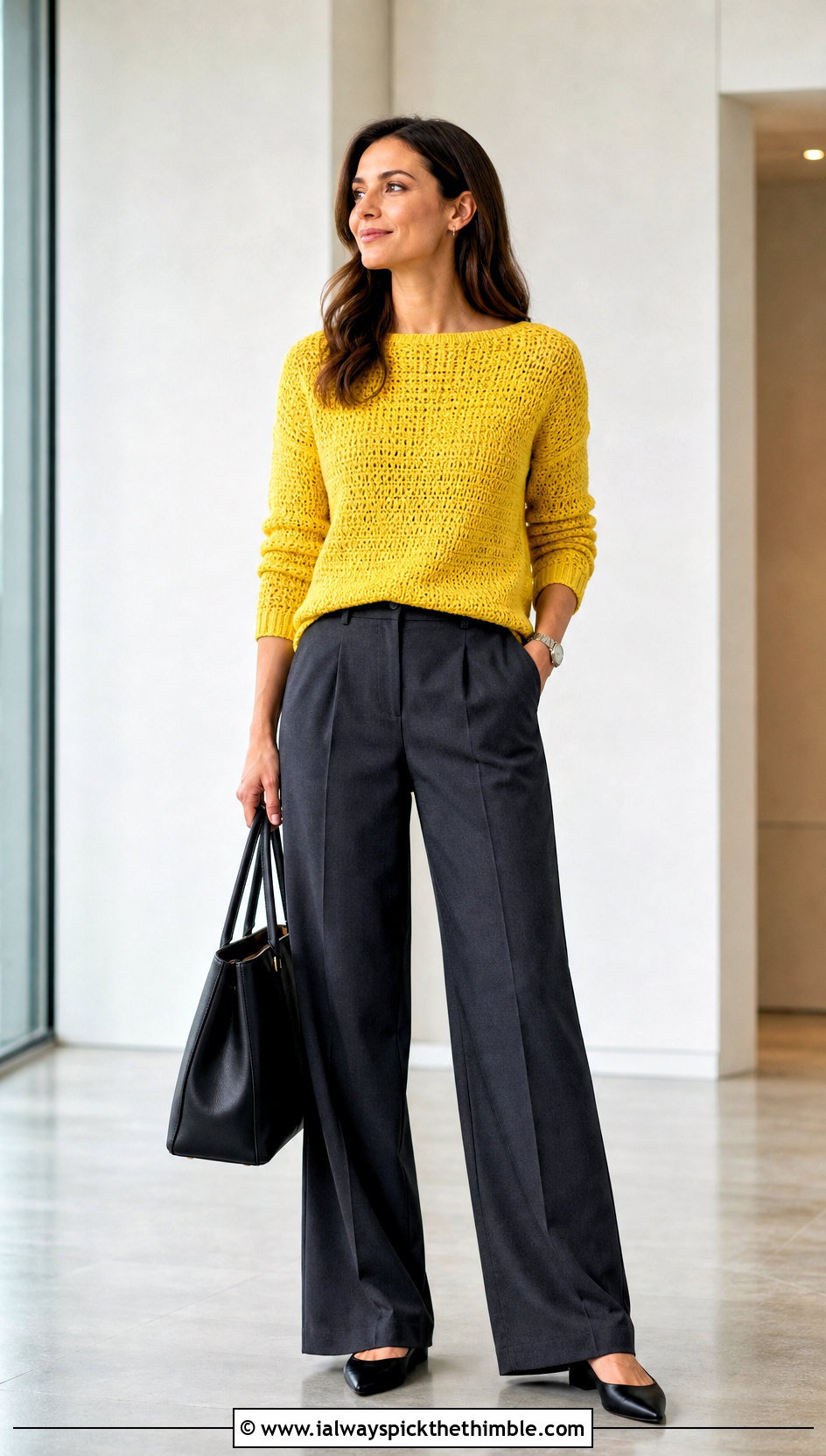 Boat Neck Crochet Pullover With Tailored Trousers - 20 Easy Crochet Pullover outfit ideas