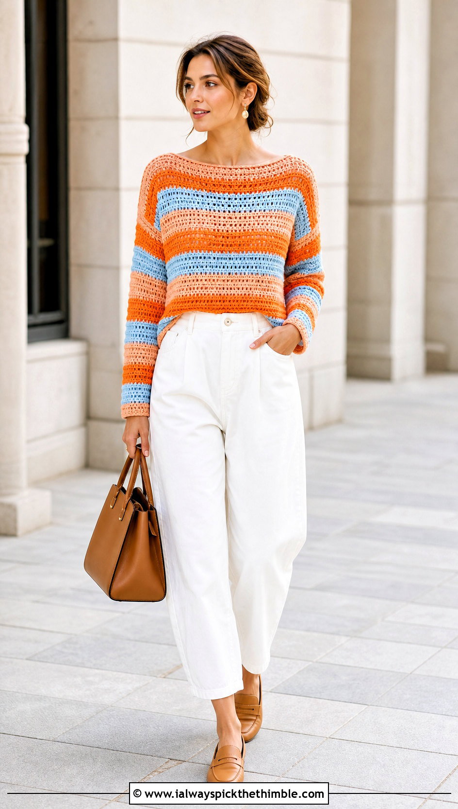 Boat Neck Crochet Striped Sweater With White Jeans - 25 crochet striped sweater outfit ideas