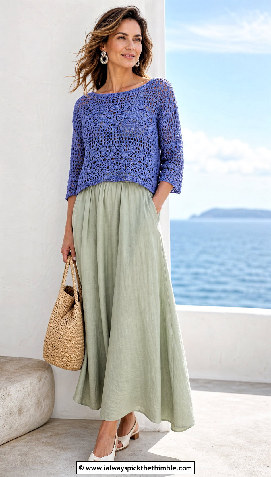 Boat Neck Crochet Summer Blouse With Linen Maxi Skirt - 25 crochet summer blouse outfit ideas