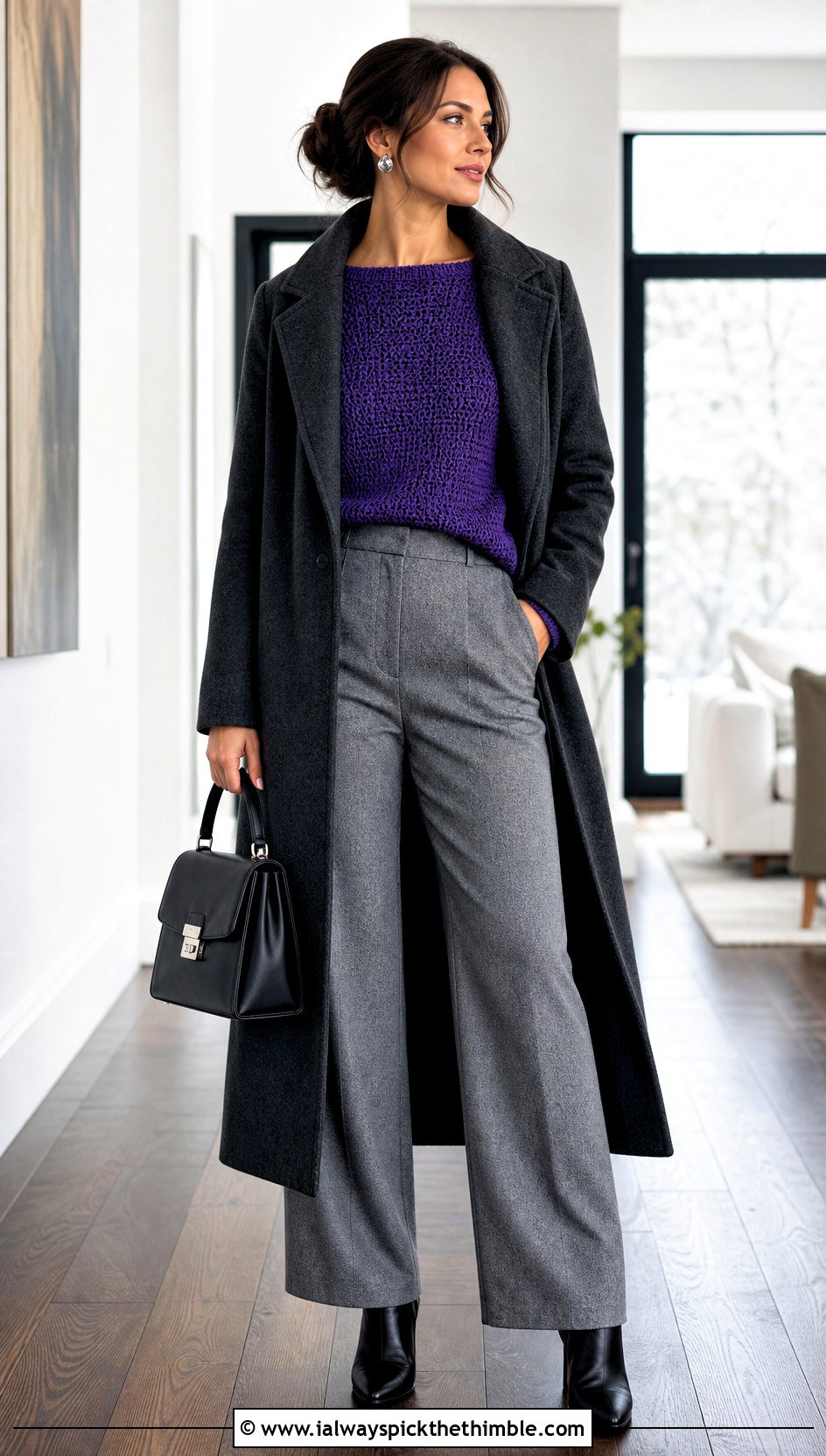 Boat Neck Crochet Sweater Top With Wool Trousers - 15 crochet top on wooden floor outfit ideas