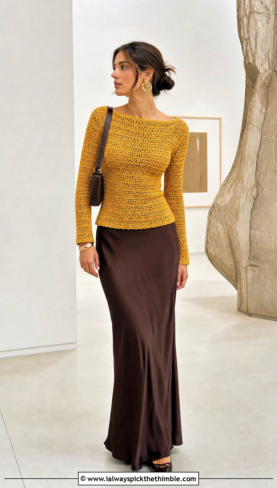 Boat Neck Crochet Sweater With A Bias Cut Maxi Skirt - 25 crochet sweater ideas