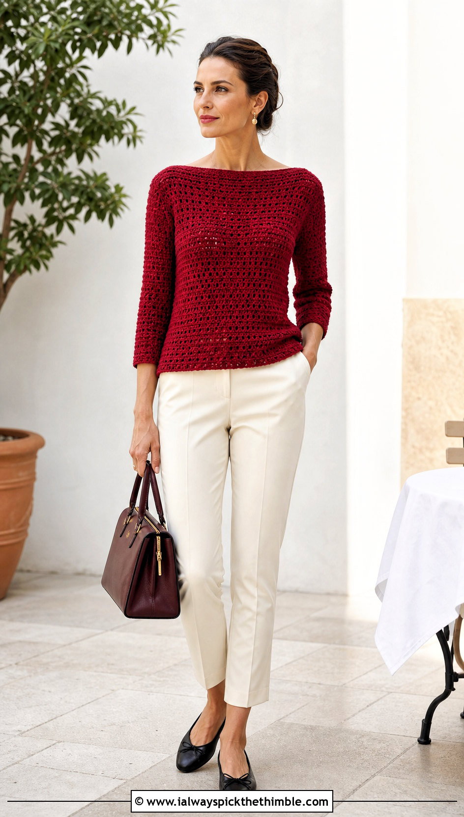 Boat Neck Crochet Sweater With Cigarette Pants - 25 crochet sweaters women outfit ideas