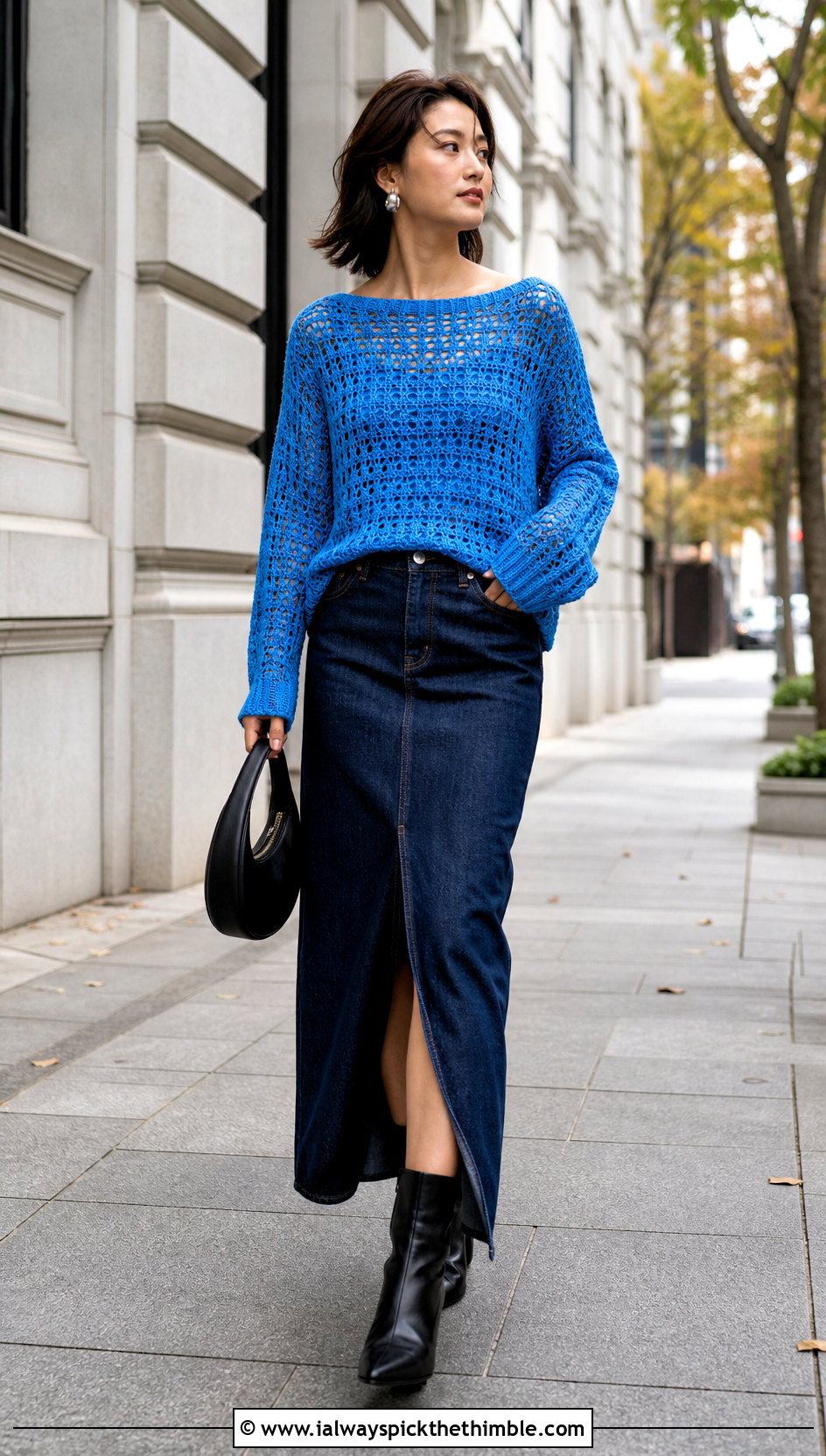 Boat Neck Crochet Sweater With Denim Maxi Skirt - 20 crochet key sweater outfit ideas