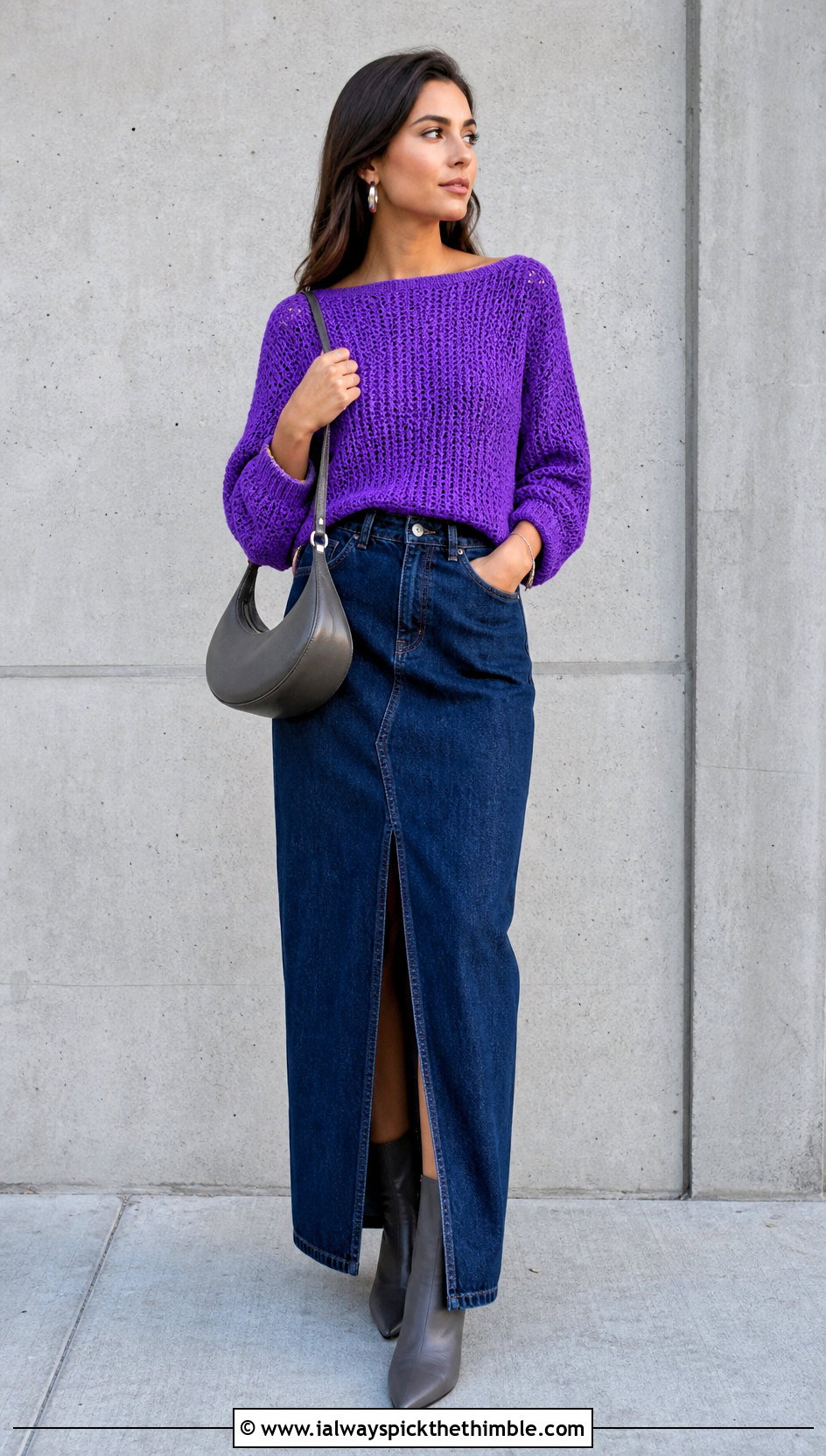 Boat Neck Crochet Sweater With Denim Maxi Skirt - 20 crochet sweater inspiration outfit ideas