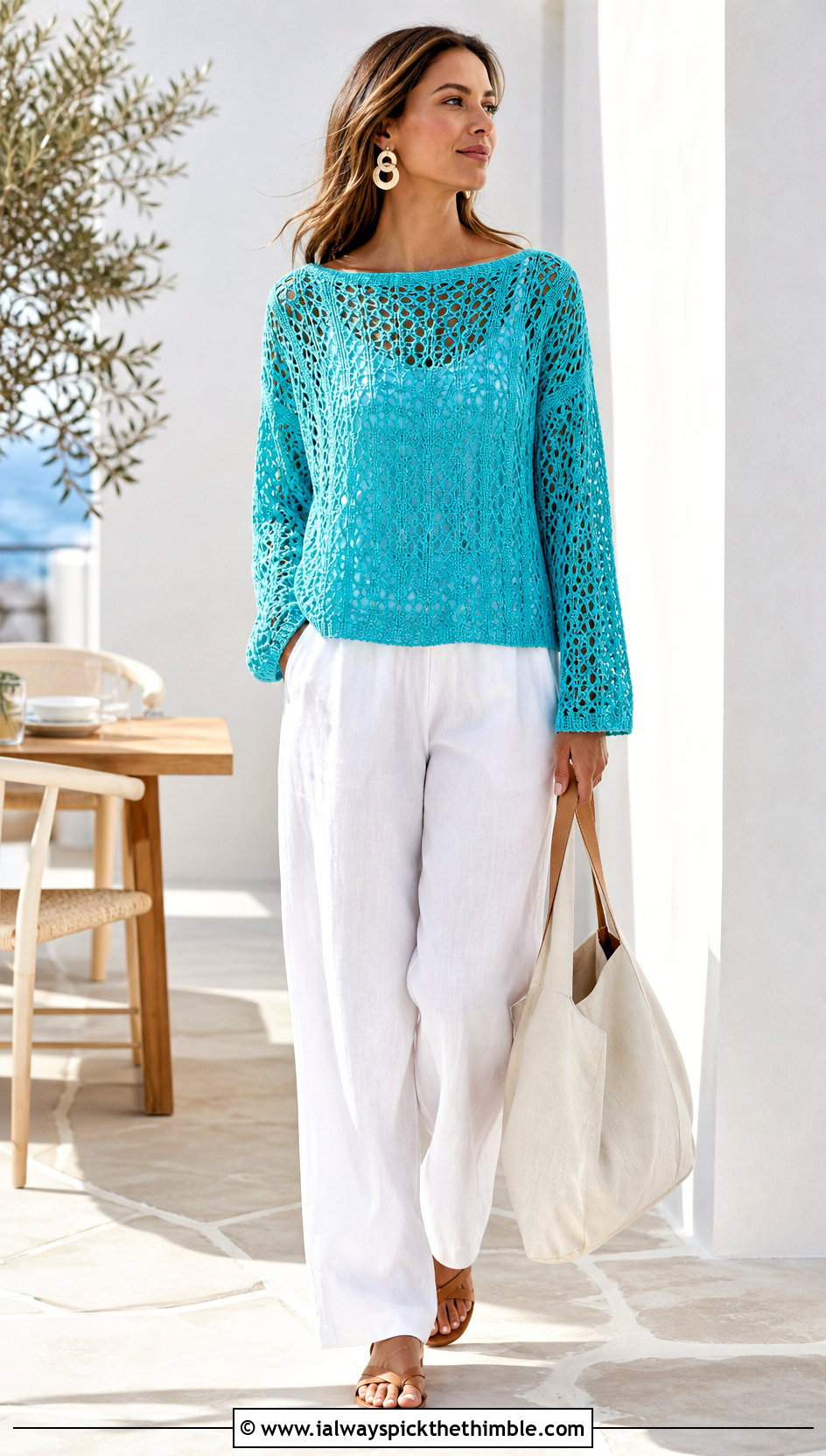 Boat Neck Crochet Sweater With Linen Pants - 25 cute crochet sweaters outfit ideas