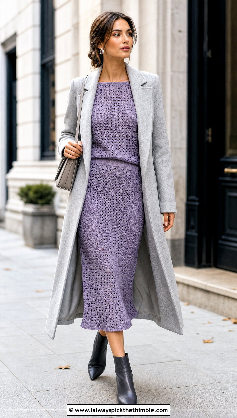 Boat Neck Crochet Top And Bias Midi Skirt With Long Coat - 25 Crochet Top And Skirt outfit ideas