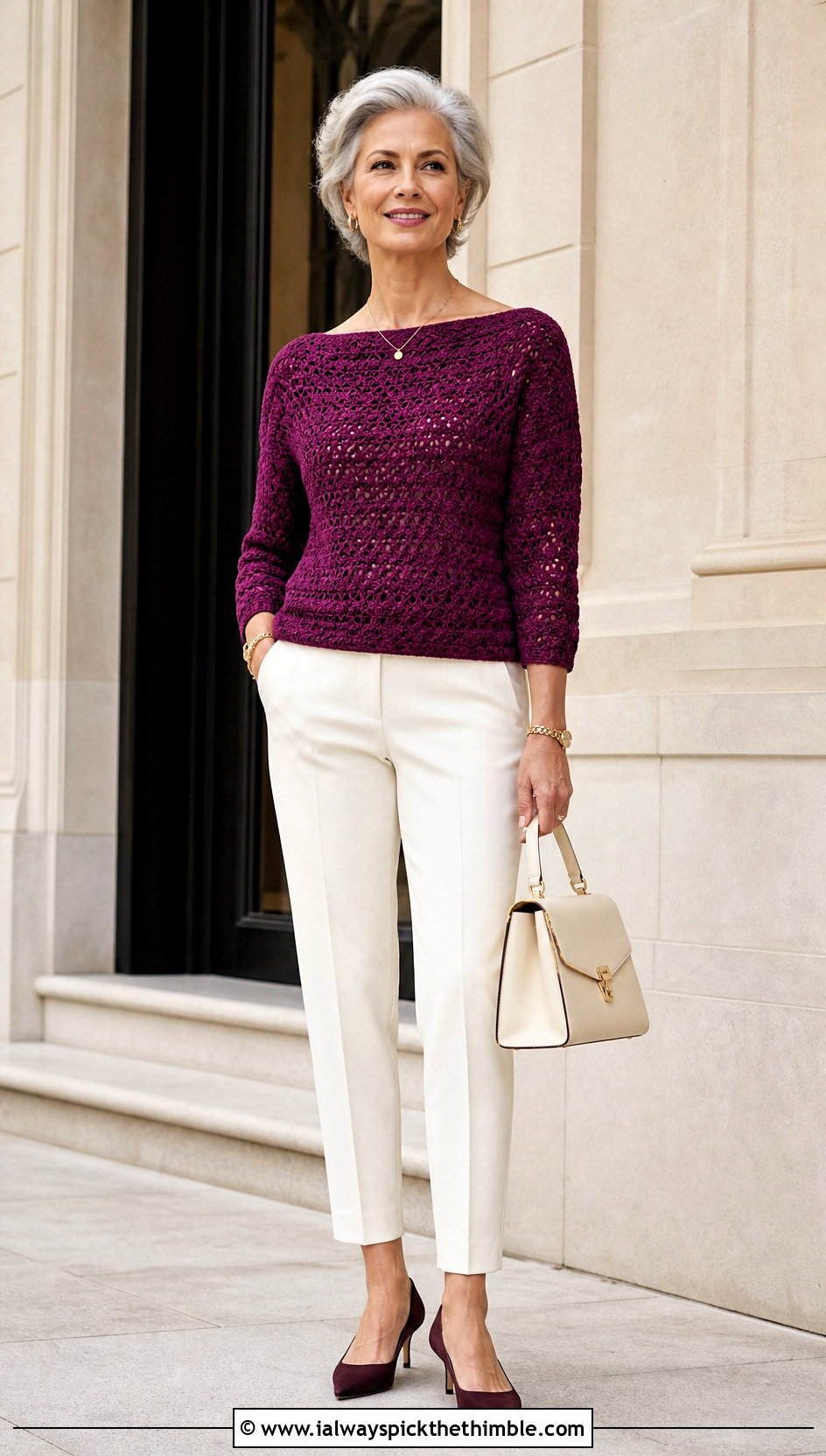 Boat Neck Crochet Top With Cigarette Pants - 25 Basic Crochet Top outfit ideas