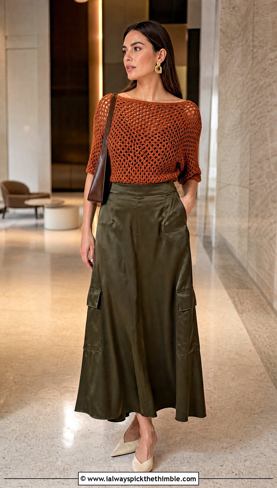 Boat Neck Crochet Top With Satin Cargo Skirt - 20 unique crochet top outfit ideas