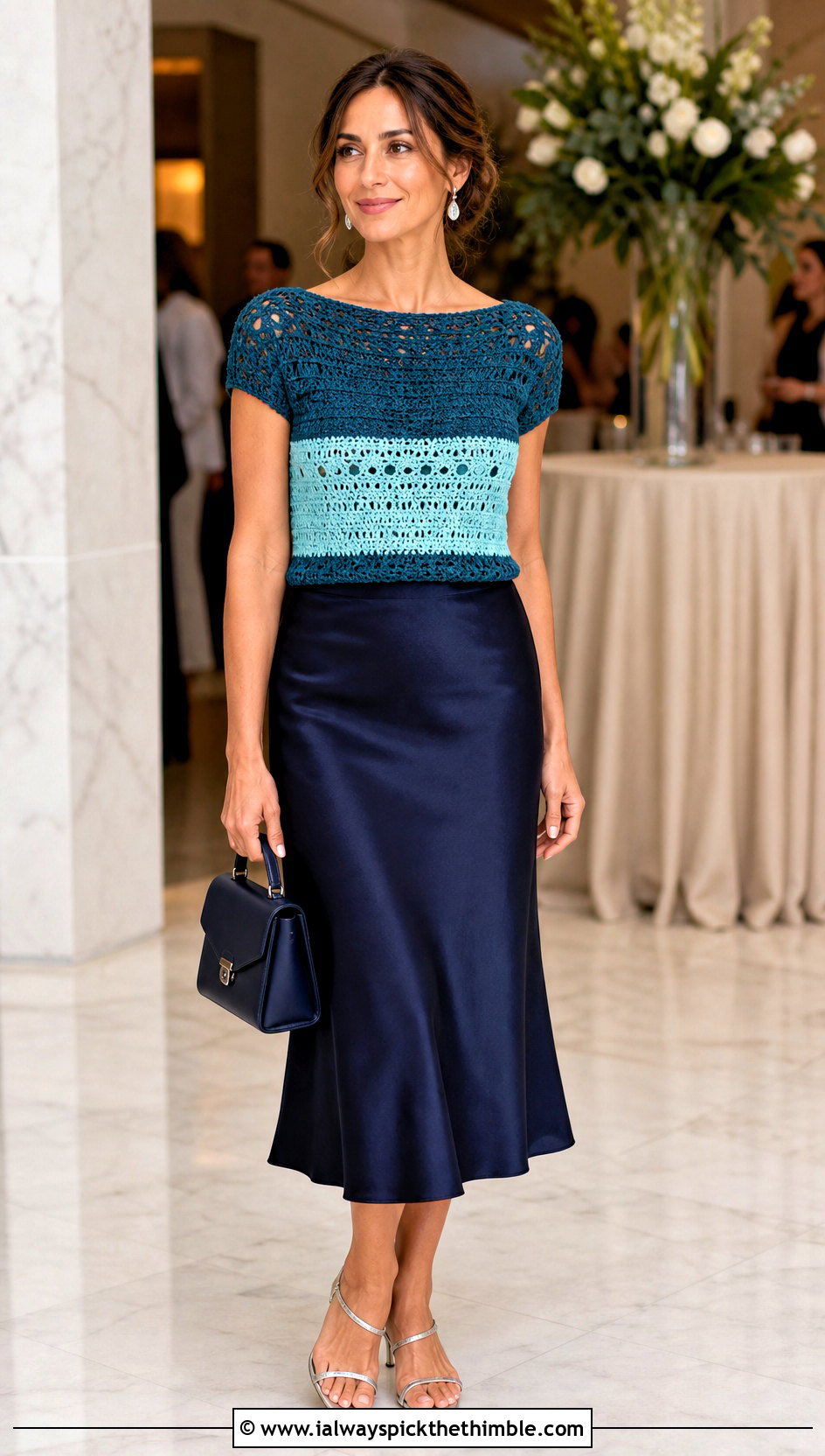 Boat Neck Crochet Top With Satin Midi Skirt - 25 two colors crochet top outfit ideas