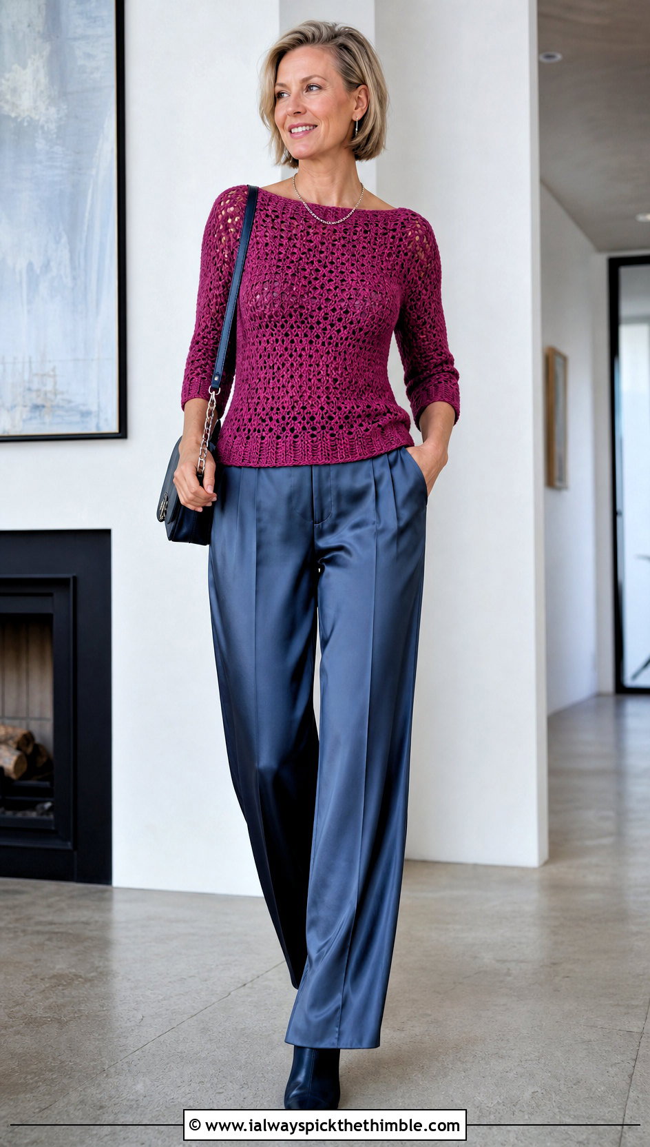 Boat Neck Crochet Top With Satin Trousers - 20 Crochet Tops For Fall outfit ideas