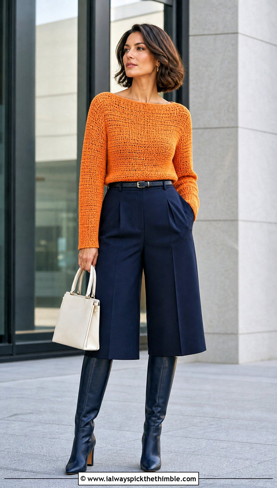 Boat Neck Crochet Top With Tailored Culottes - 20 crochet fall tops outfit ideas