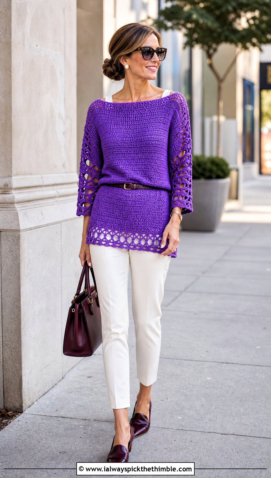Boat Neck Crochet Tunic With Cropped Cigarette Pants - 25 crochet tunic outfit ideas