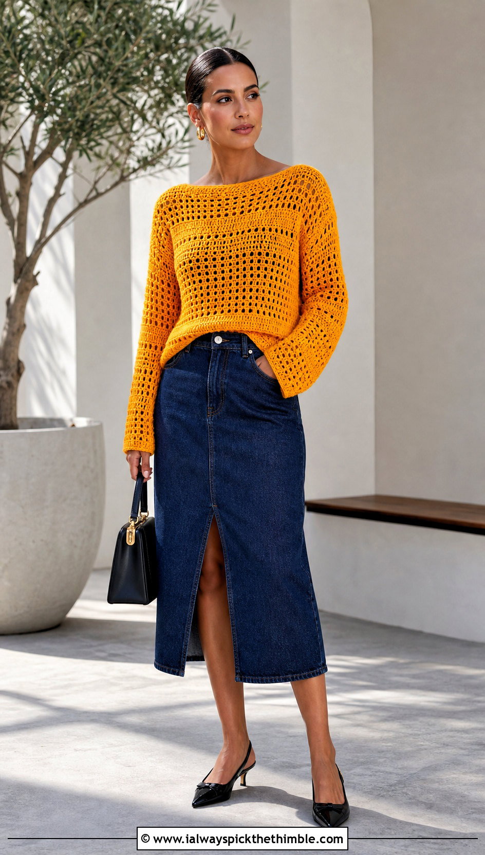 Boat Neck Crocheted Sweater With Denim Midi Skirt - 20 Crocheted Sweater Outfit ideas