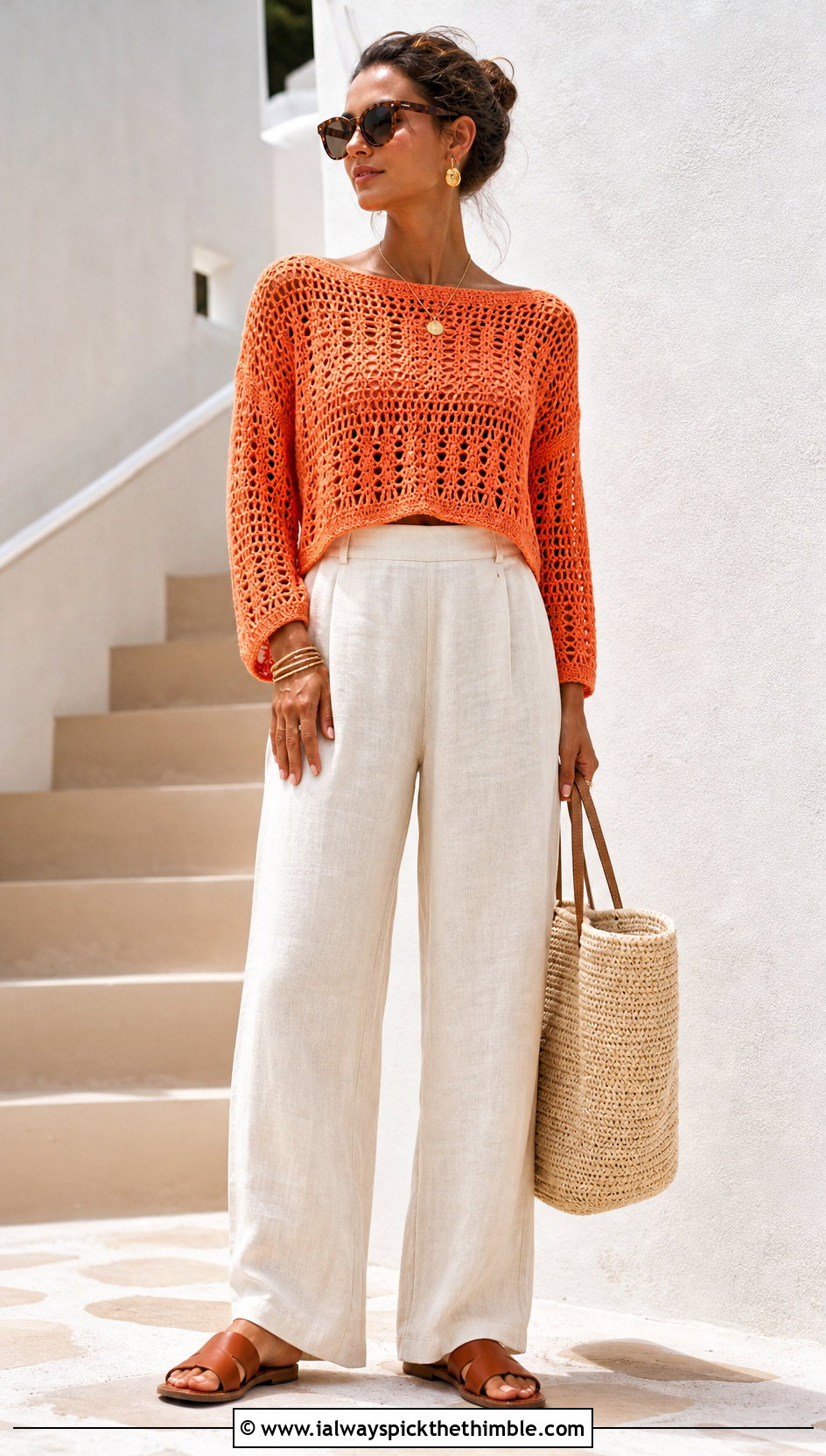 Boat Neck Cropped Crochet Sweater With Linen Pants - 20 Easy Crochet Cropped Sweater outfit ideas