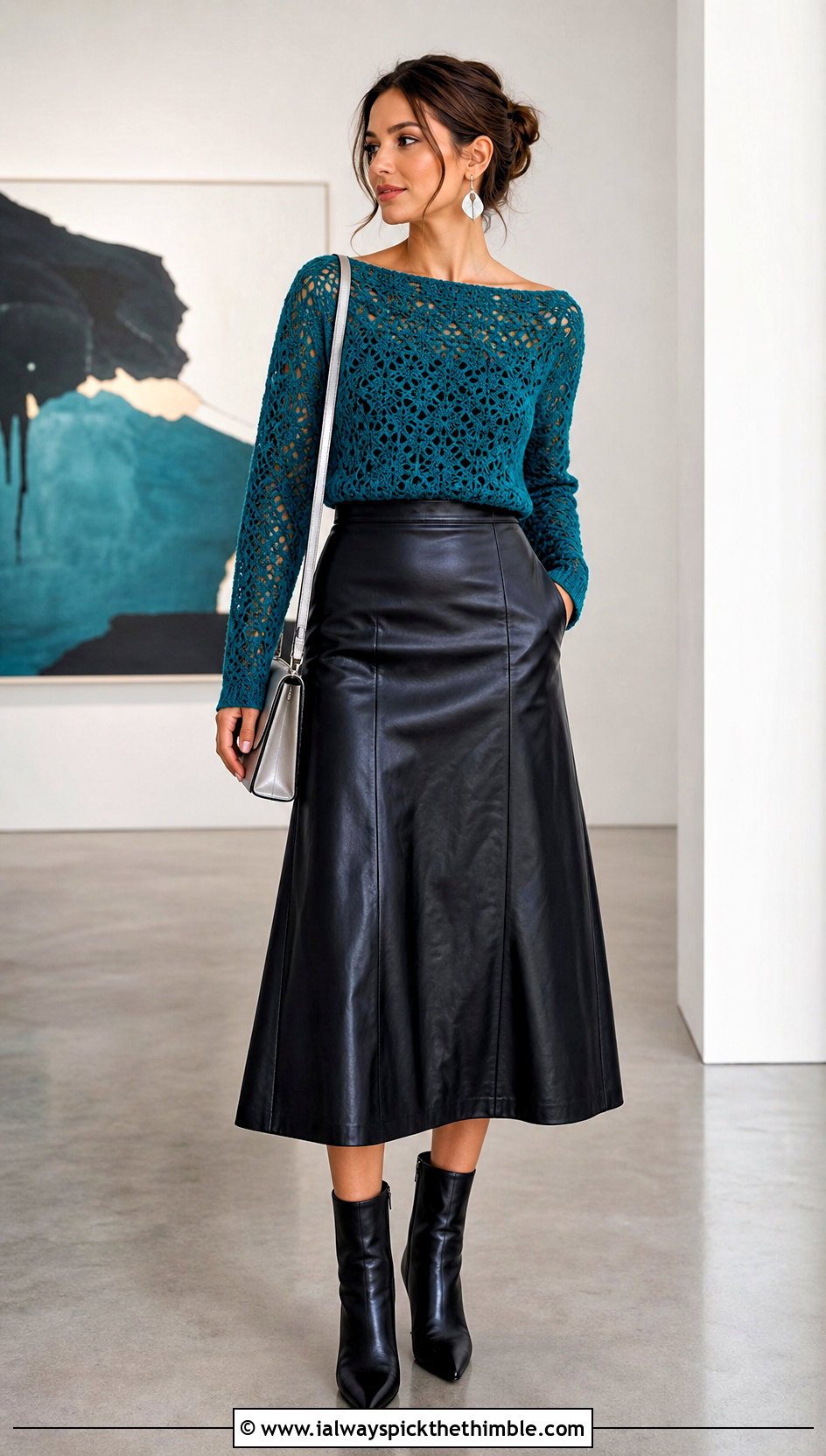 Boat Neck Designer Crochet Sweater With Leather Midi Skirt - 15 Designer Crochet Sweater outfit ideas