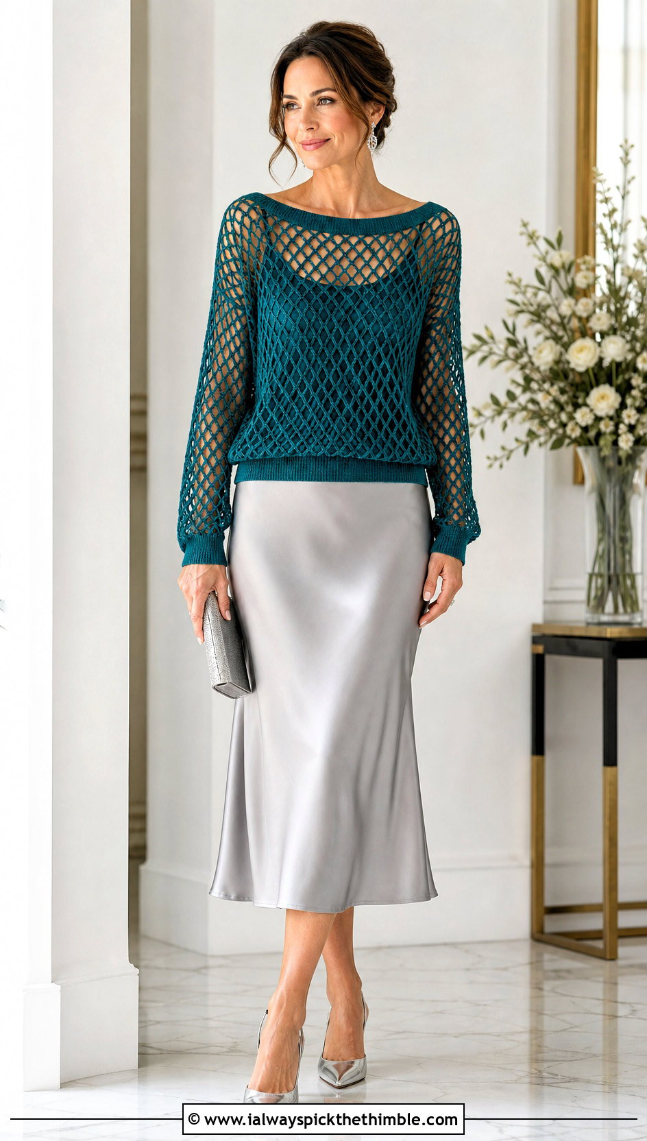 Boat Neck Diamond Mesh Crochet Net Sweater With Satin Midi Skirt - 25 crochet net sweater outfit ideas