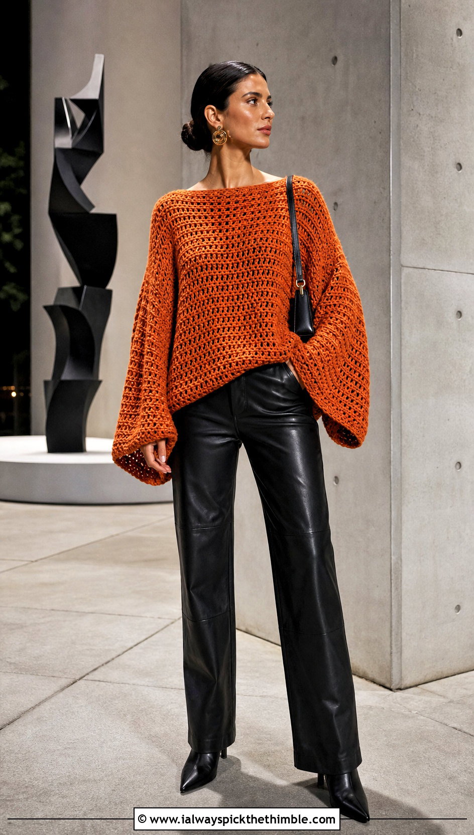 Boat Neck Dolman Oversized Crochet Sweater With Leather Pants - 15 Oversized Crochet Sweaters outfit ideas