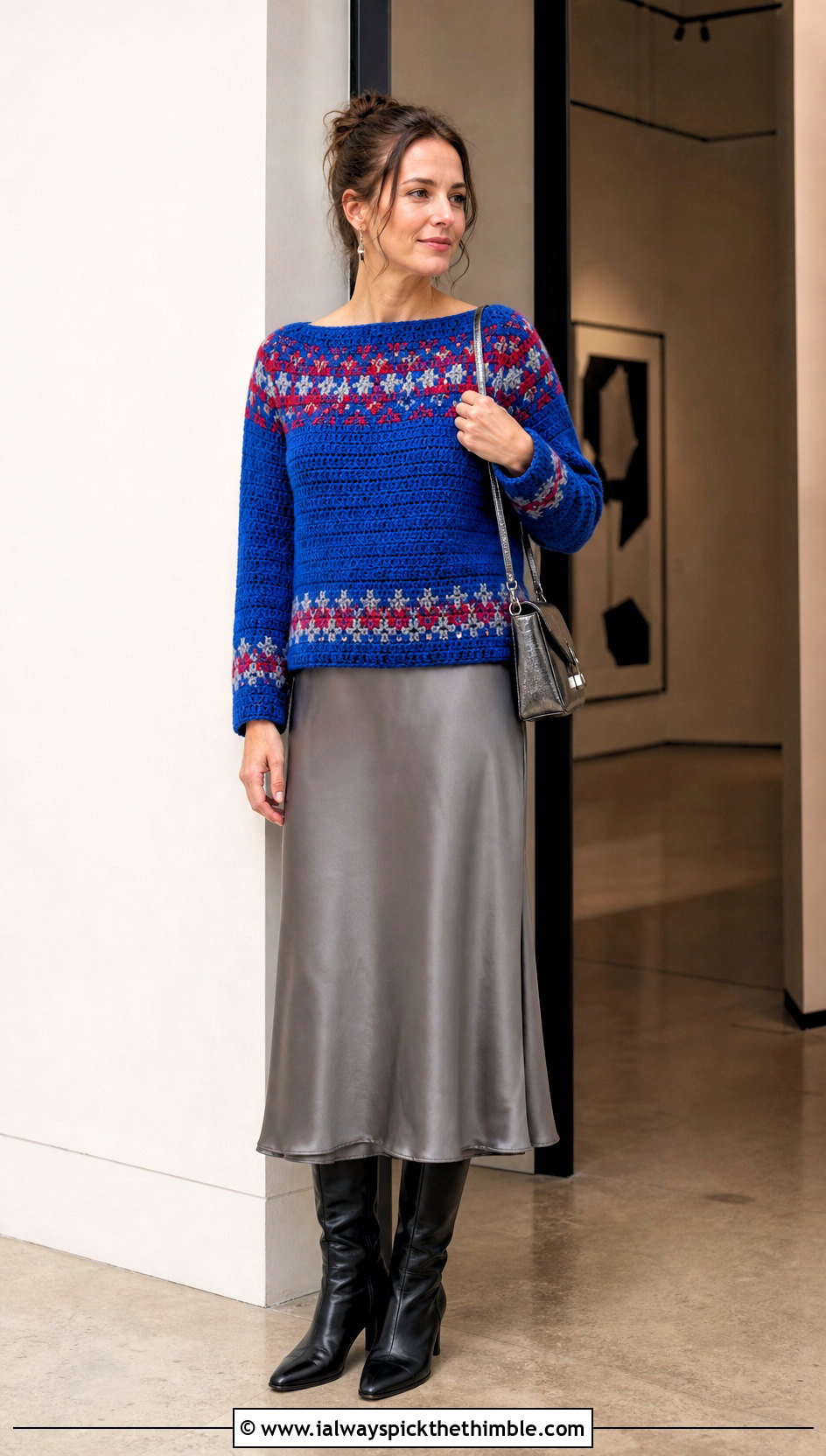 Boat Neck Fair Isle Crochet Sweater Over A Slip Dress - 20 fair isle crochet sweater outfit ideas