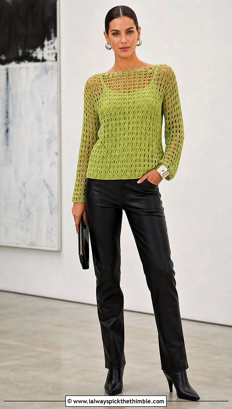 Boat Neck Filet Crochet Shirt With Leather Pants - 20 filet crochet shirt outfit ideas
