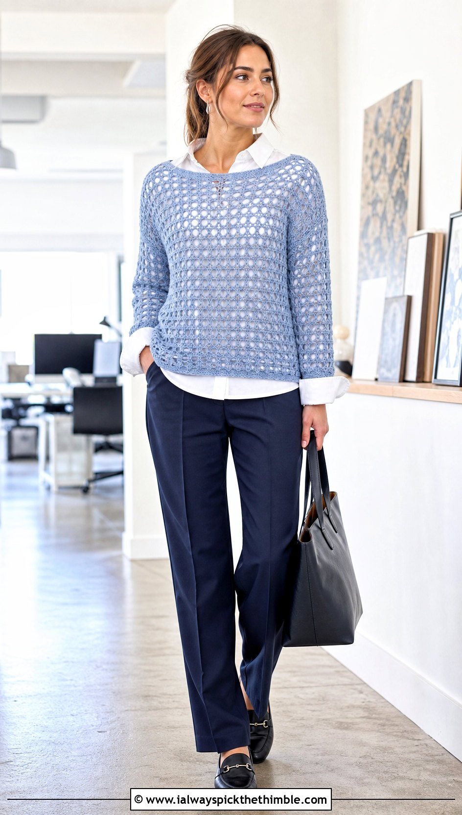 Boat Neck Filet Crochet Top Over A Poplin Shirt - 20 Crochet Tops With Long Sleeves outfit ideas