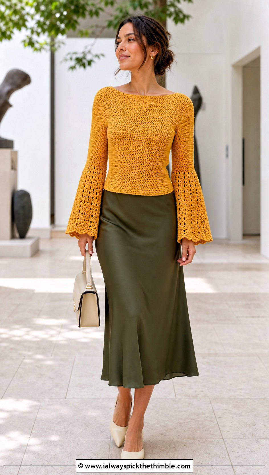 Boat Neck Flare Sleeve Crochet Top With Bias Skirt - 25 crochet sleeve top outfit ideas