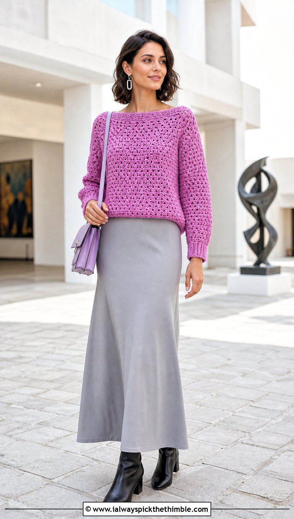 Boat Neck Granny Raglan Sweater With Maxi Skirt - 20 Crochet Granny Raglan Sweater outfit ideas