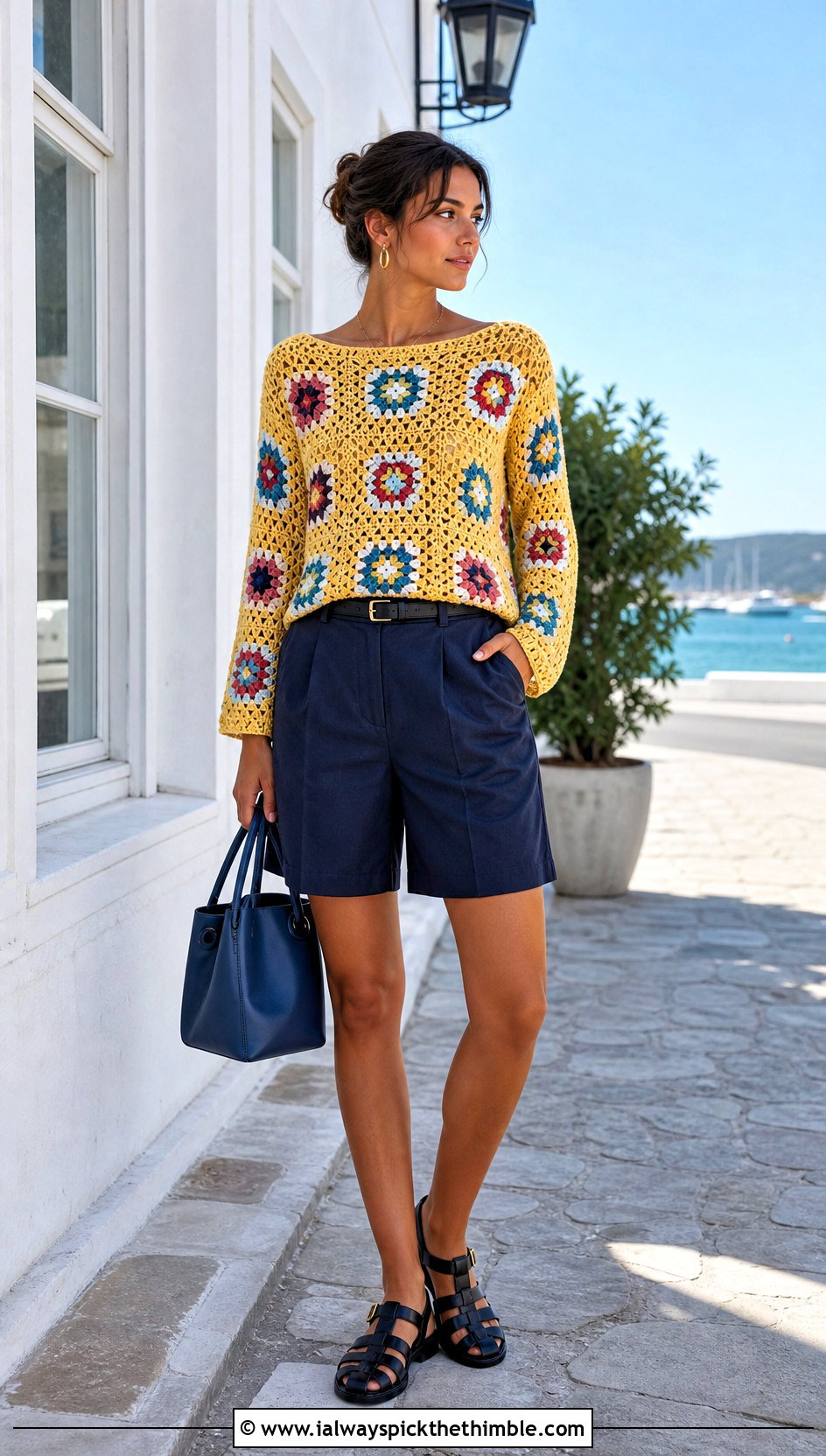 Boat Neck Granny Square Crochet Long Sleeve Top With Bermuda Shorts - 20 Granny Square Crochet Long Sleeve Top outfit ideas