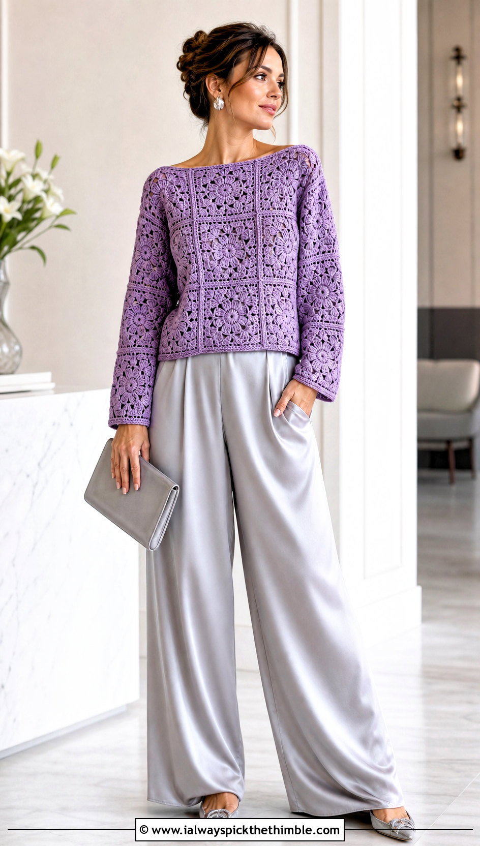 Boat Neck Granny Square Jumper With Satin Pants - 25 granny square jumper outfit ideas