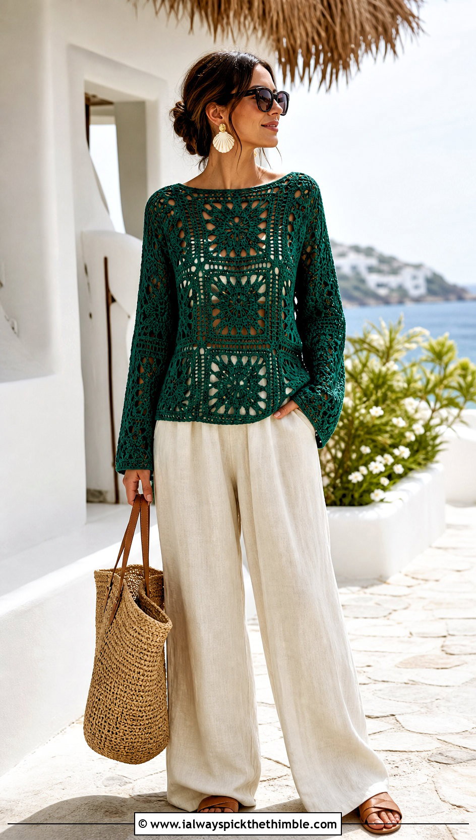 Boat Neck Granny Square Long Sleeve Top With Linen Trousers - 20 Granny Square Long Sleeve Top outfit ideas