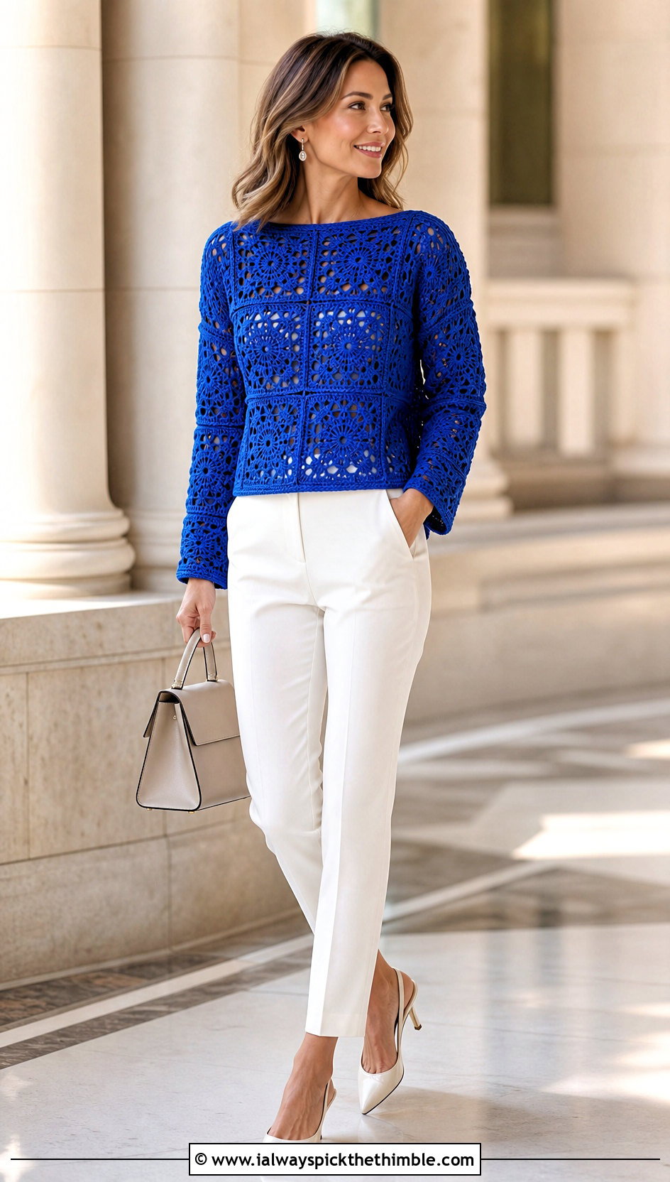 Boat Neck Granny Square Pullover With Cigarette Pants - 25 crochet granny square pullover outfit ideas