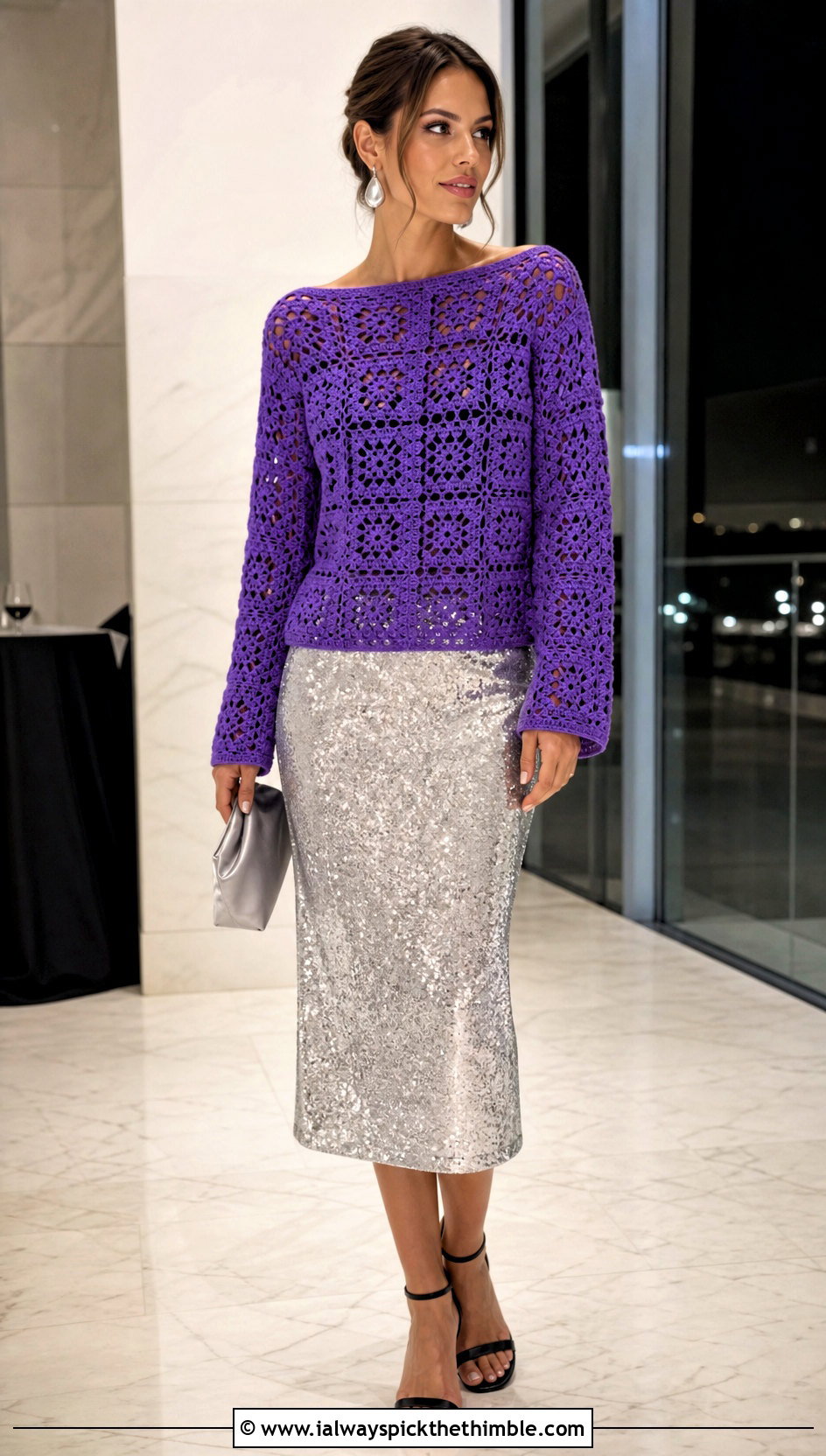Boat Neck Granny Square Stitch Sweater With Sequin Midi Skirt - 20 granny square stitch sweater outfit ideas