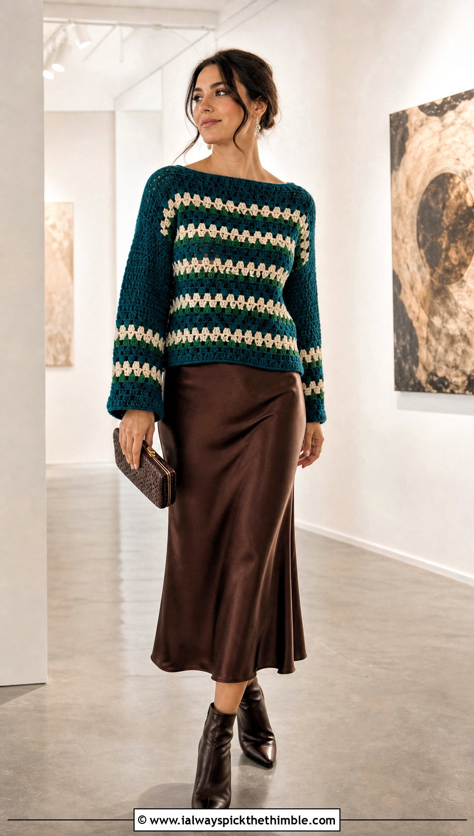 Boat Neck Granny Stripe Crochet Sweater With Satin Midi Skirt - 20 Granny Stripe Crochet Sweater outfit ideas