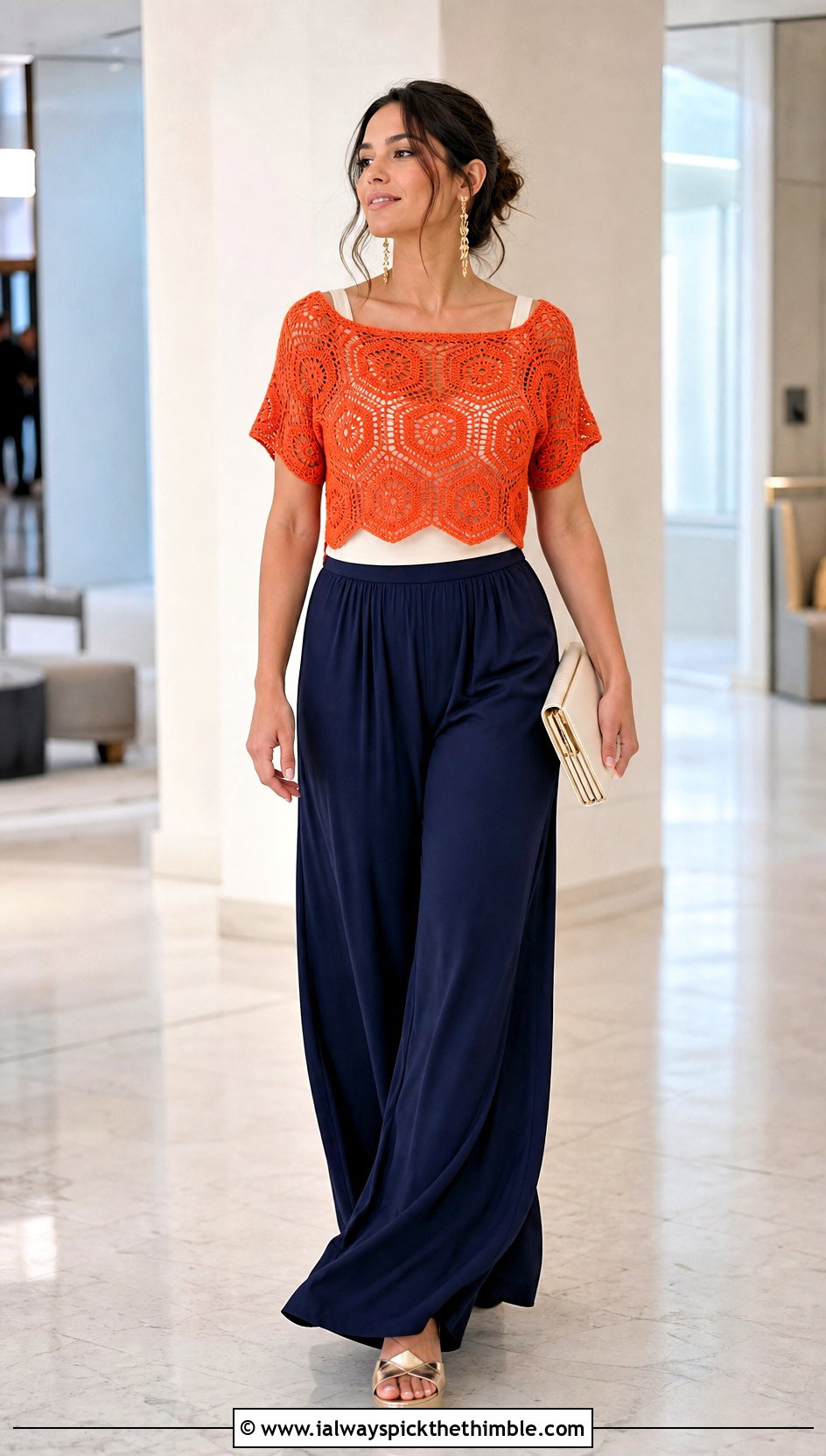 Boat Neck Hexagon Crop Top With Palazzo Pants - 20 crochet hexagon crop top outfit ideas