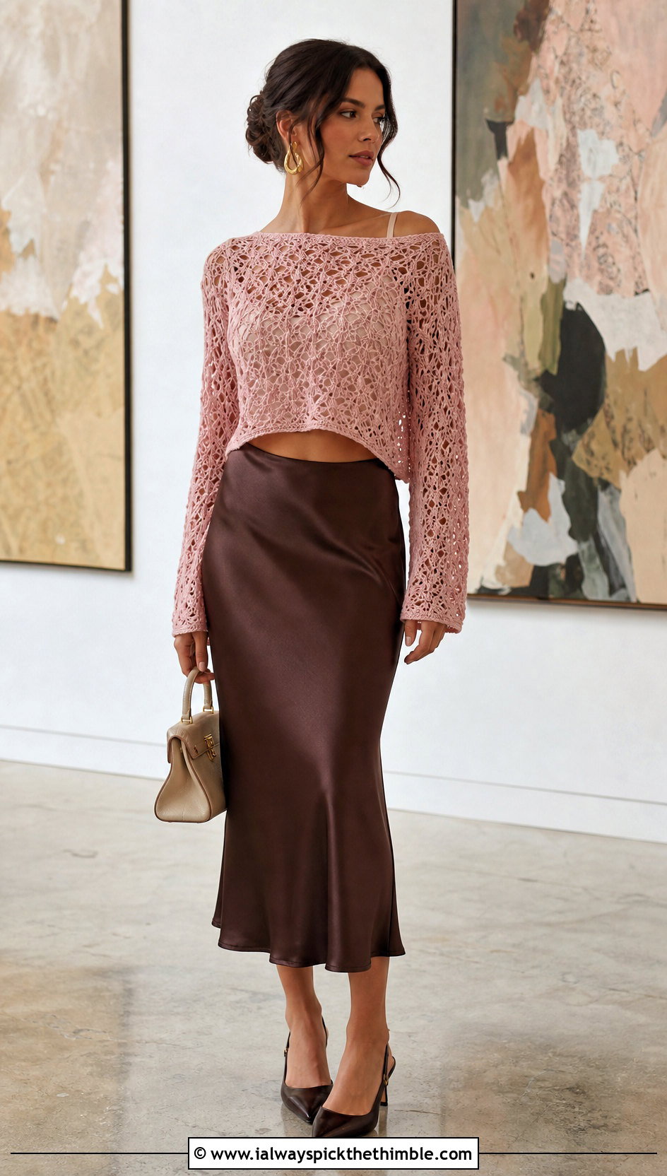 Boat Neck Hollow Out Crop Crochet Sweater With Satin Midi Skirt - 15 hollow out crop crochet sweater outfit ideas