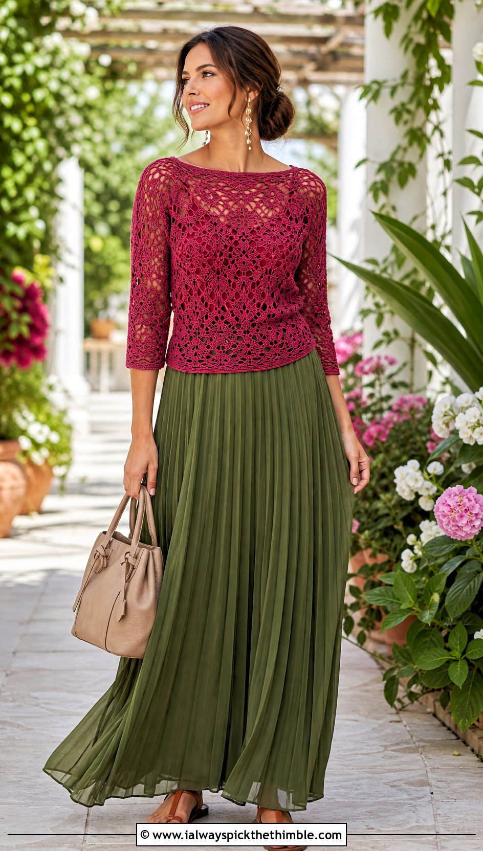 Boat Neck Lace Crochet Blouse With Pleated Maxi Skirt - 15 lace crochet blouse design outfit ideas