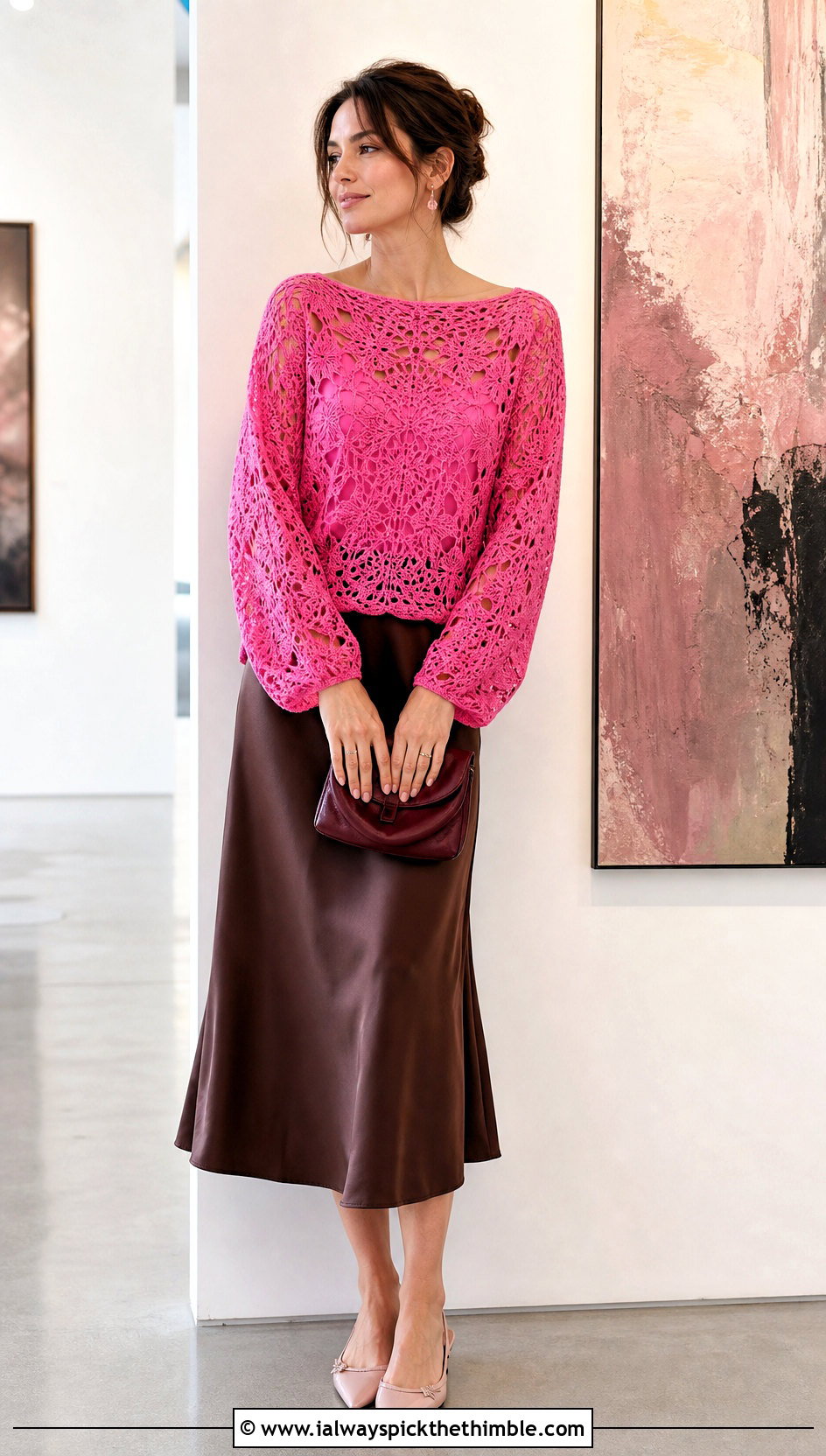 Boat Neck Lace Crochet Drop Shoulder Sweater With Satin Skirt - 20 crochet drop shoulder sweater outfit ideas