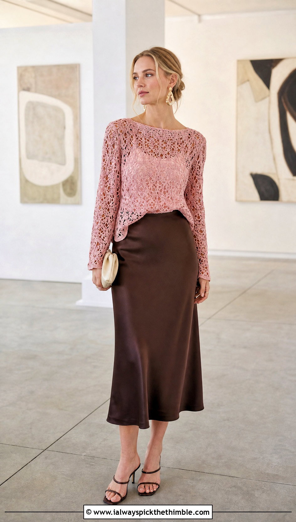 Boat Neck Lace Crochet Raglan Top With Satin Midi Skirt - 20 crochet raglan top outfit ideas