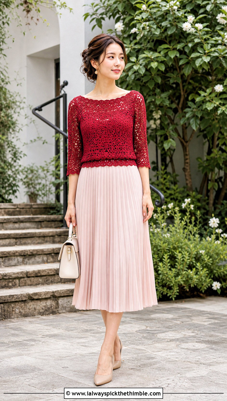 Boat Neck Lace Crochet Top With Pleated Midi Skirt - 25 lace crochet top outfit ideas