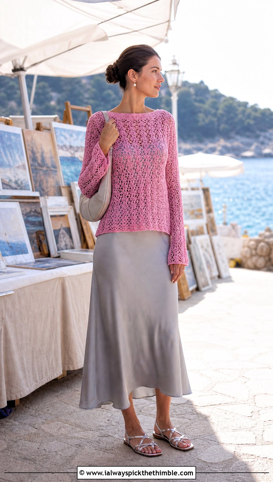 Boat Neck Lace Stitch Crochet Beach Sweater With Slip Dress - 20 Crochet Beach Sweater outfit ideas