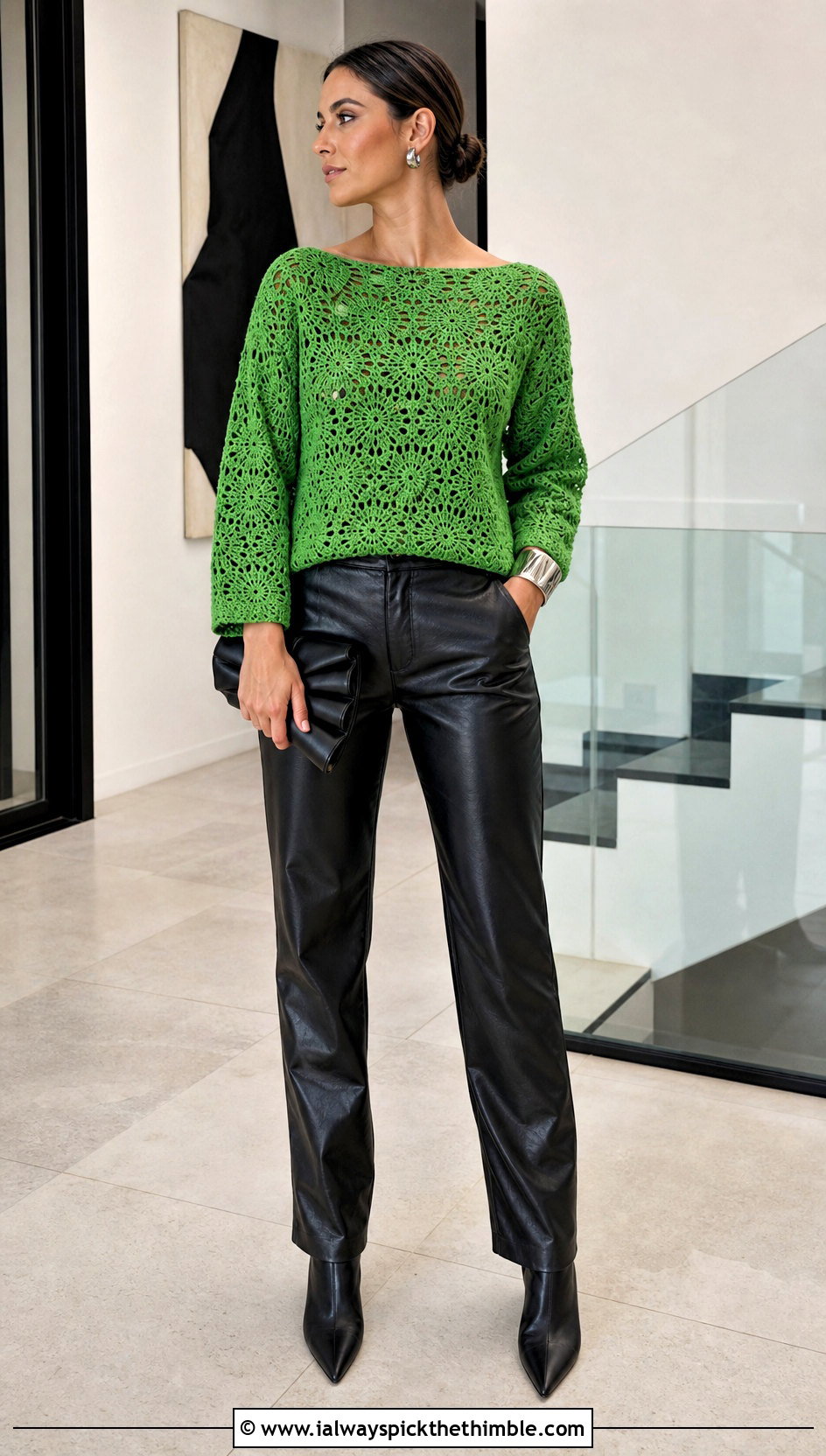 Boat Neck Lace Weight Crochet Sweater With Leather Pants - 15 Lace Weight Crochet Sweater outfit ideas
