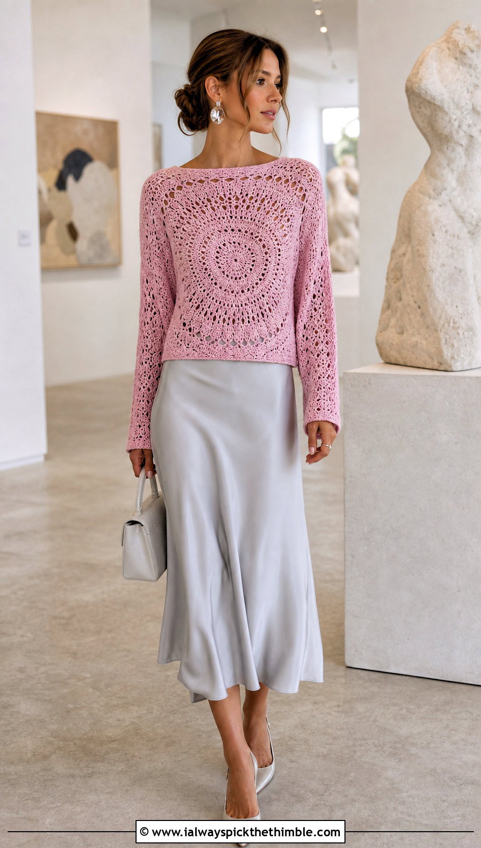 Boat Neck Mandala Crochet Sweater With Satin Midi Skirt - 20 Mandala Crochet Sweater outfit ideas